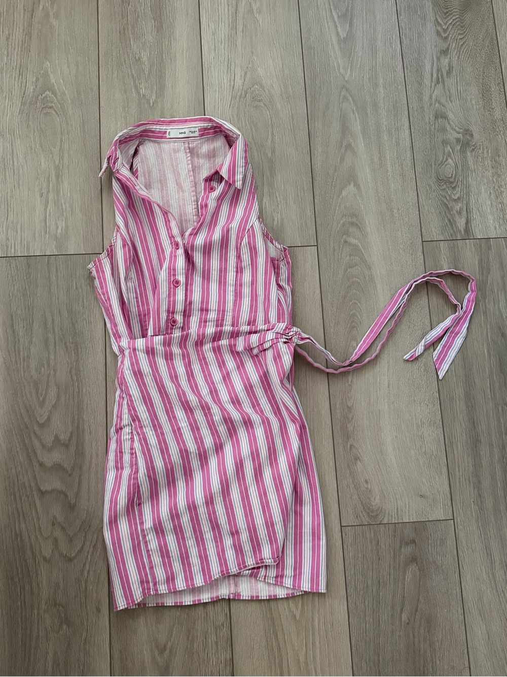 Mango Pink and White Striped Sleeveless Shirt Dress